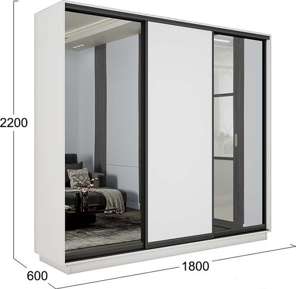 Изображение товара Шкаф-купе ТриЯ Румер-2 СШК 3.180.60-13.11.13 Н 3-х дверный (белый снег/зеркало/белый снег/зеркало/черный)