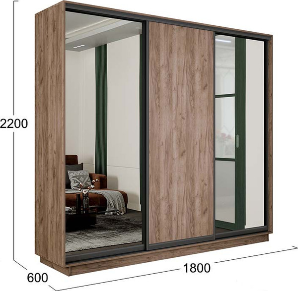 Изображение товара Шкаф-купе ТриЯ Румер-2 СШК 3.180.60-13.11.13 Н 3-х дверный (дуб крафт табачный/зеркало/дуб крафт табачный/зеркало/черный)