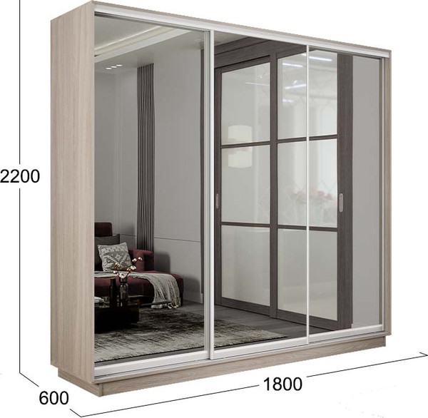 Изображение товара Шкаф-купе ТриЯ Румер-2 СШК 3.180.60-13.13.13 3-х дверный (ясень шимо светлый/зеркало/зеркало/зеркало)