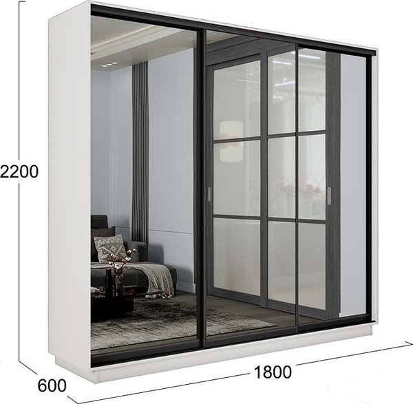 Изображение товара Шкаф-купе ТриЯ Румер-2 СШК 3.180.60-13.13.13 Н 3-х дверный (белый снег/зеркало/зеркало/зеркало/черный профиль)