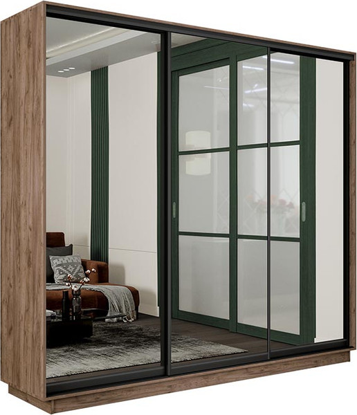 Изображение товара Шкаф-купе ТриЯ Румер-2 СШК 3.180.60-13.13.13 Н 3-х дверный (дуб крафт табачный/зеркало/зеркало/зеркало/черный профиль)