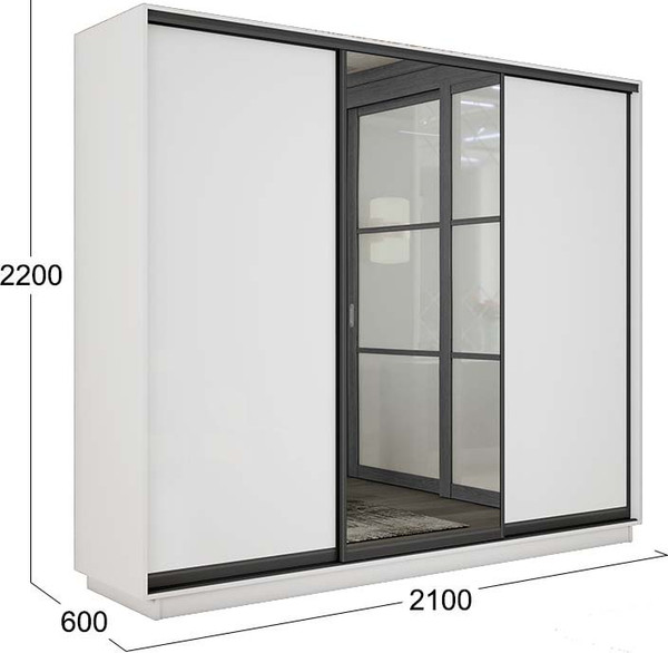 Изображение товара Шкаф-купе ТриЯ Румер-2 СШК 3.210.70-11.13.11 Н 3-х дверный (белый снег/белый снег/зеркало/белый снег/черный профиль)