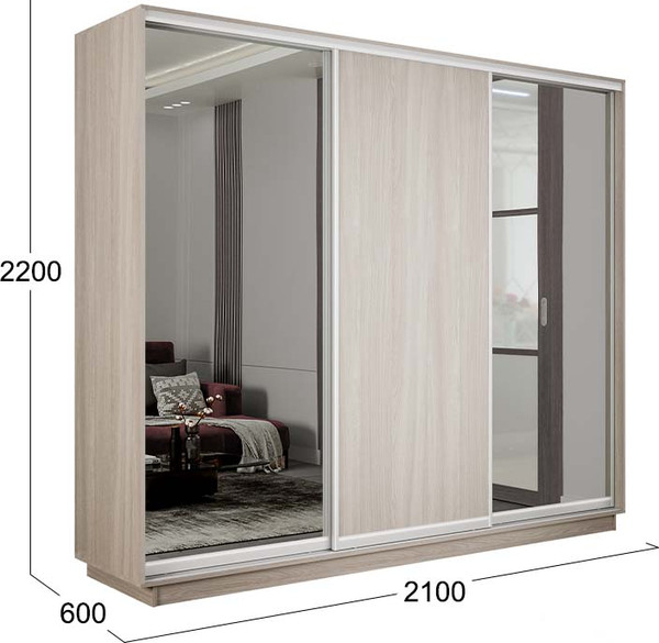 Изображение товара Шкаф-купе ТриЯ Румер-2 СШК 3.210.70-13.11.13 3-х дверный (ясень шимо светлый/зеркало/ясень шимо светлый/зеркало)