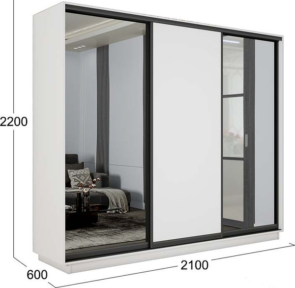 Изображение товара Шкаф-купе ТриЯ Румер-2 СШК 3.210.70-13.11.13 Н 3-х дверный (белый снег/зеркало/белый снег/зеркало/черный профиль)