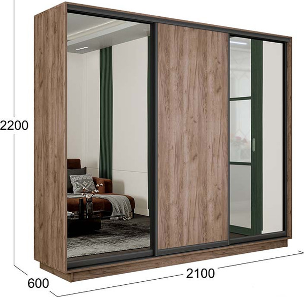 Изображение товара Шкаф-купе ТриЯ Румер-2 СШК 3.210.70-13.11.13 Н 3-х дверный (дуб крафт табачный/зеркало/дуб крафт табачный/зеркало/черный профиль)