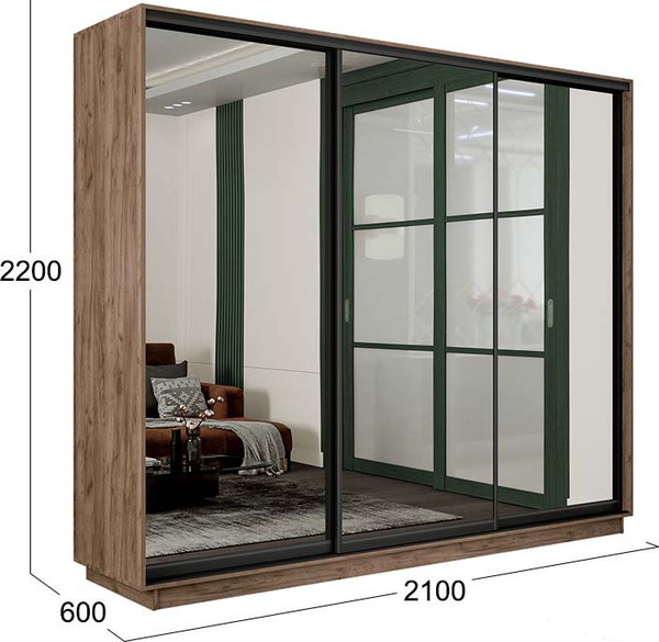 Изображение товара Шкаф-купе ТриЯ Румер-2 СШК 3.210.70-13.13.13 Н 3-х дверный (дуб крафт табачный/зеркало/зеркало/зеркало/черный профиль)