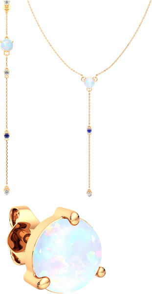 Изображение товара Комплект ювелирных украшений из розового золота ZORKA Рандеву с опалами (моносерьга 310625.9K.R, моносерьга 310621.9K.R, колье 550068.14K.R 45см)