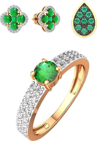 Изображение товара Комплект ювелирных украшений из розового золота ZORKA С изумрудами и брилиантами (серьги 3D2098.14K.R, кольцо 2D20201.14K.R.ZZ р.17.5, подвеска 4P2011.14K.R)