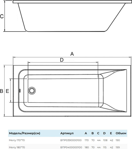 Изображение товара Ванна акриловая Alba Spa Merry 180x70