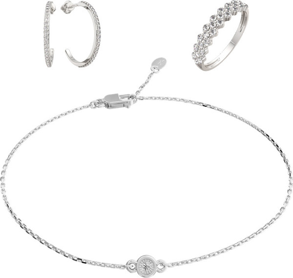 Изображение товара Комплект ювелирных украшений из белого золота ZORKA С бриллиантами (браслет 6D0005.14K.W 18см, серьги 3D0092.14K.W, кольцо 2D00373.14K.W.ZZ р.16)