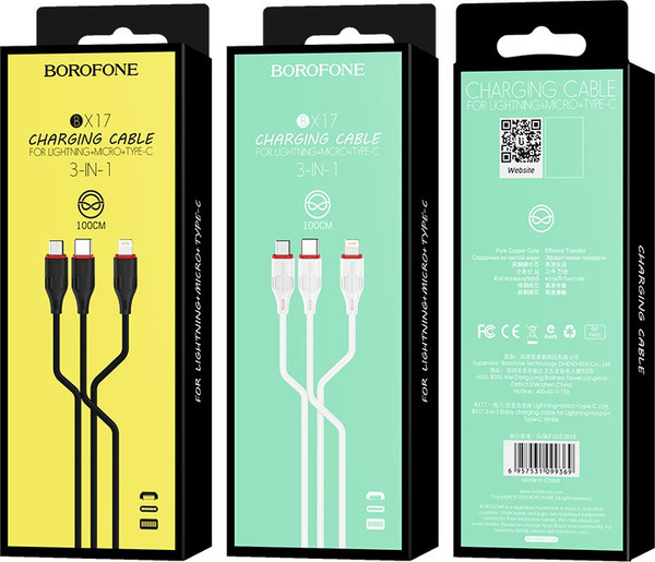 Изображение товара Кабель Borofone BX17 3в1 Lightning+Micro+Type-C (1м, черный)