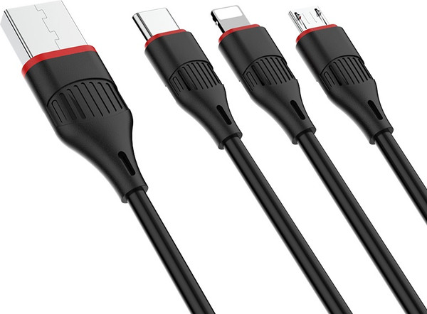 Изображение товара Кабель Borofone BX17 3в1 Lightning+Micro+Type-C (1м, черный)