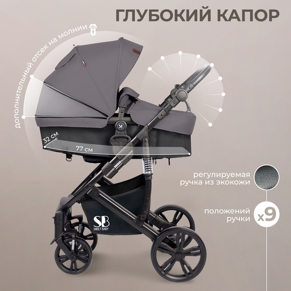 Изображение товара Детская универсальная коляска Sweet Baby Comfort 3в1 (черный/серый)