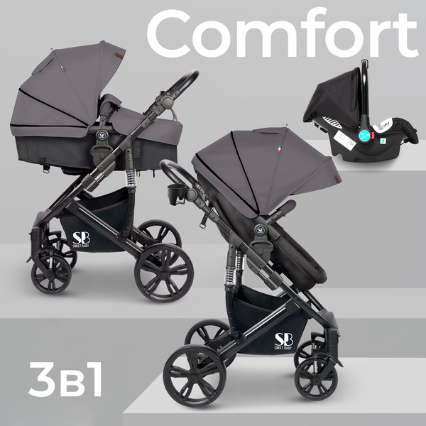 Изображение товара Детская универсальная коляска Sweet Baby Comfort 3в1 (черный/серый)