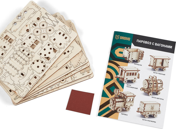 Изображение товара Сборная модель Drovo Паровоз с вагонами 6 в 1 / DR031