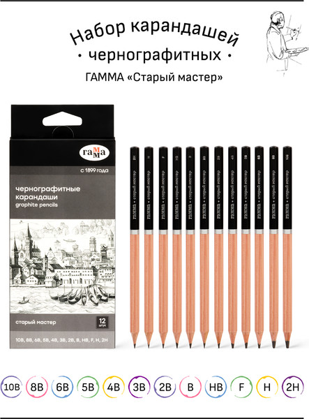 Изображение товара Набор простых карандашей ГАММА 130422_10B-2H (12шт)