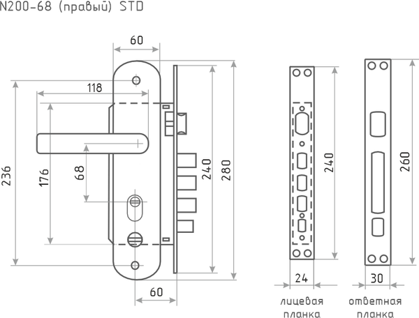 Изображение товара Замок врезной Нора-М 200-68мм STD П (матовый хром/черный никель)