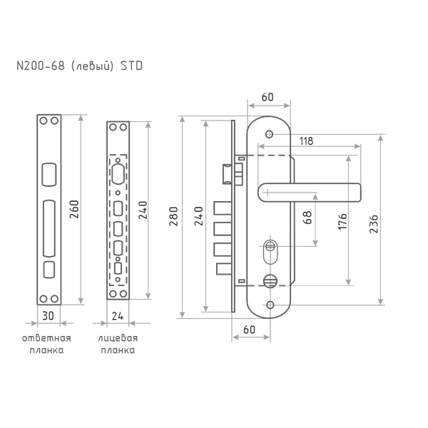 Изображение товара Замок врезной Нора-М N200-68мм STD Л (матовый хром/черный никель)