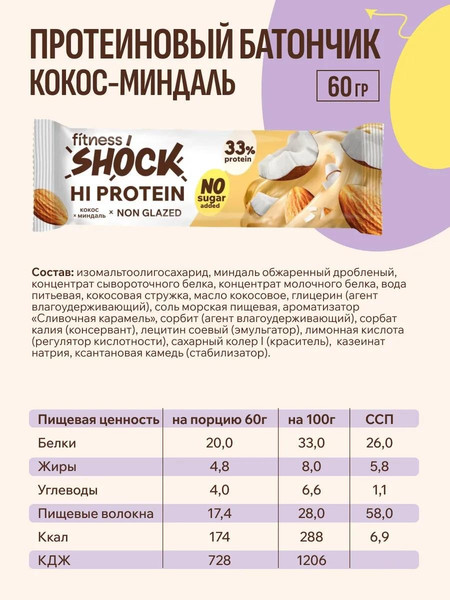 Изображение товара Набор протеиновых батончиков FitnesShock Миндаль кокос со вкусом карамели (12x60г)