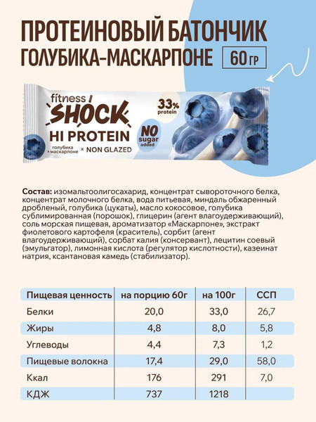 Изображение товара Набор протеиновых батончиков FitnesShock Со вкусом маскарпоне и голубикой (12x60г)