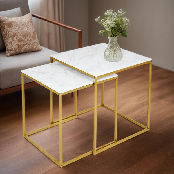 Изображение товара Комплект журнальных столиков Мебелик МеталлАрт М002 (белый мрамор/золото)