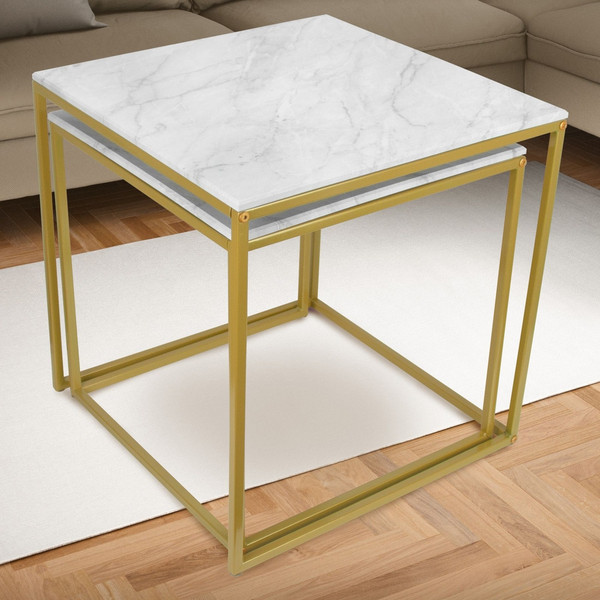 Изображение товара Комплект журнальных столиков Мебелик МеталлАрт М002 (белый мрамор/золото)