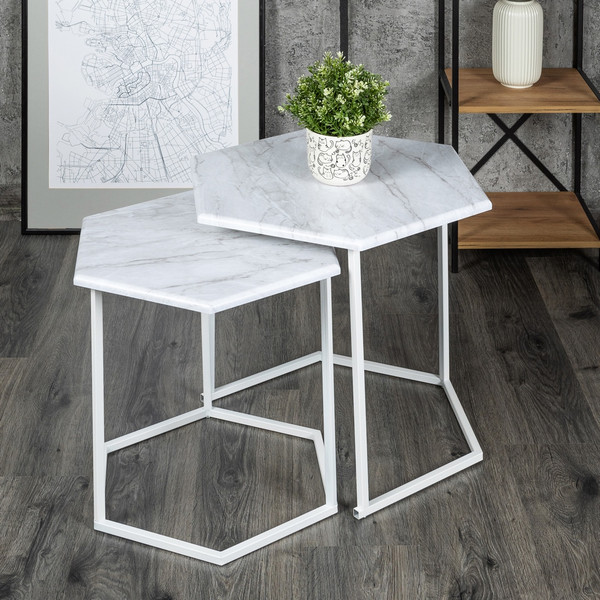 Изображение товара Комплект журнальных столиков Мебелик МеталлАрт М003 (белый мрамор/белый)