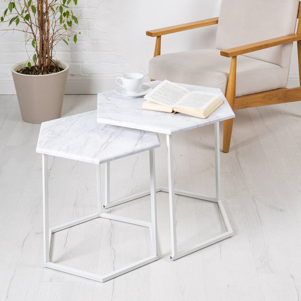 Изображение товара Комплект журнальных столиков Мебелик МеталлАрт М003 (белый мрамор/белый)
