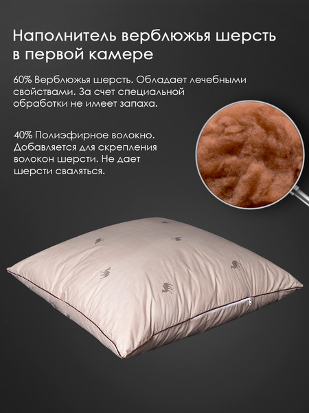 Изображение товара Подушка для сна Реноме 68x68 14/222н (верблюжья шерсть, заменитель лебяжьего пуха тик 80/20)