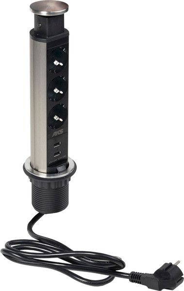 Изображение товара Блок розеточный AKS выдвижной Vulcan (3 розетки, шлифованная сталь)