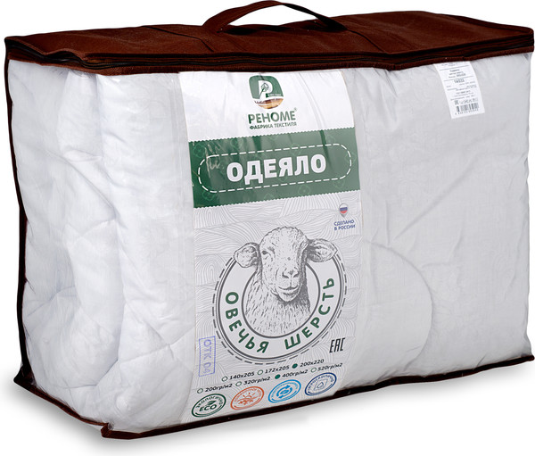 Изображение товара Одеяло Реноме Евро Поплин белый 14/033Б 200x220 (овечья шерсть, 400)