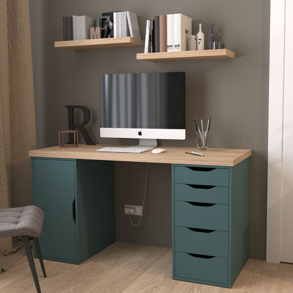 Изображение товара Письменный стол Mio Tesoro Ингар 2/5/DV (дуб беленый/серый/бирюзовый)