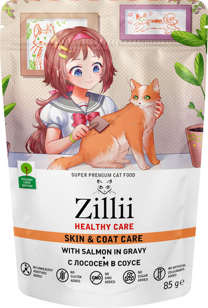 Изображение товара Влажный корм для кошек Zillii Skin&Coat Care с лососем в соусе (85г)