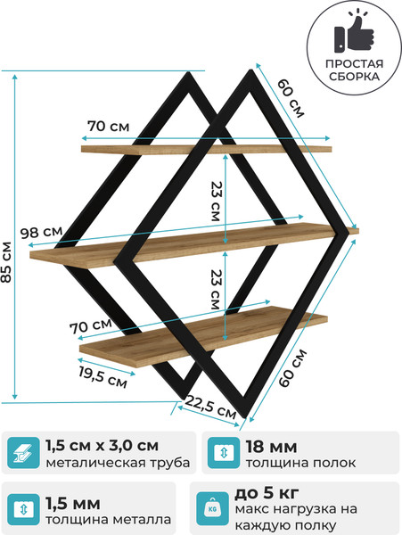 Изображение товара Полка Макс Стайл ПнР-600-3 навесная (дуб кантри золотой)