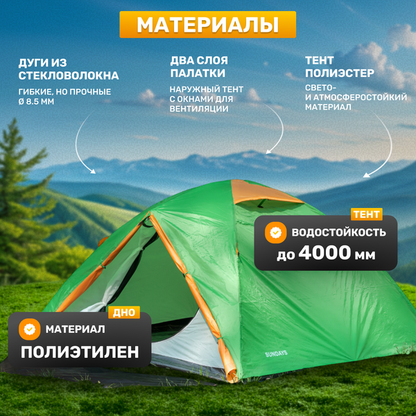 Изображение товара Палатка Sundays ZC-TT009-3P v2 (зеленый/желтый со спальным мешком ZC-SB001 синий)
