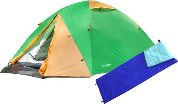 Изображение товара Палатка Sundays ZC-TT009-3P v2 (зеленый/желтый со спальным мешком ZC-SB001 синий)