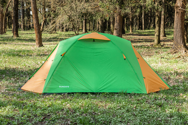 Изображение товара Палатка Sundays ZC-TT009-3P v2 (зеленый/желтый со спальным мешком ZC-SB001 синий)