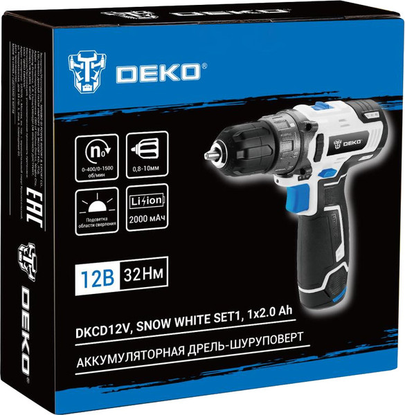 Изображение товара Аккумуляторная дрель-шуруповерт Deko DKCD12V Snow White SET1 / 083-1106