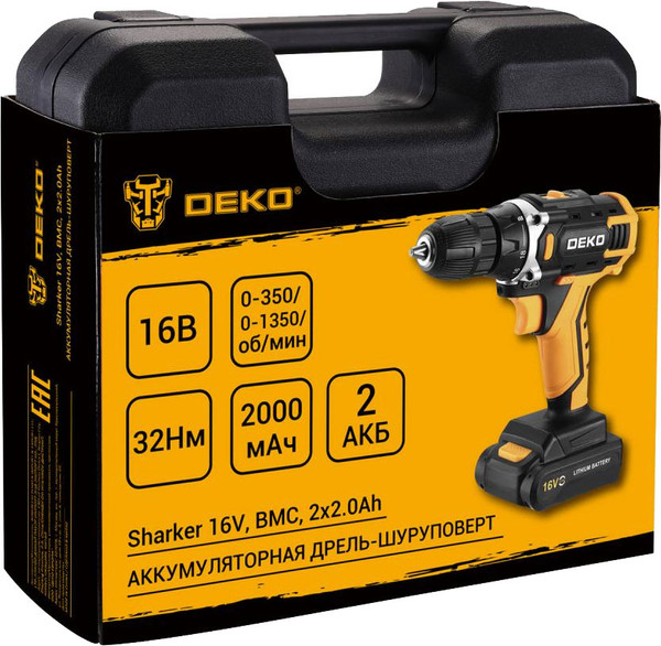 Изображение товара Аккумуляторная дрель-шуруповерт Deko Sharker 16V в кейсе / 083-1108