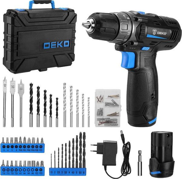 Изображение товара Аккумуляторная дрель-шуруповерт Deko DKCD12 в кейсе + набор инструментов 92шт / 083-1113