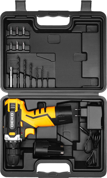 Изображение товара Аккумуляторная дрель-шуруповерт Deko DKCD12V SET1 в кейсе + оснастка 13шт / 083-1022