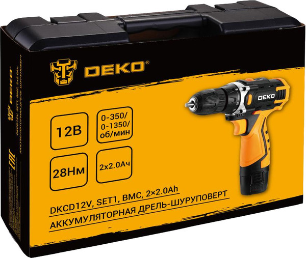 Изображение товара Аккумуляторная дрель-шуруповерт Deko DKCD12V SET1 в кейсе + оснастка 13шт / 083-1022