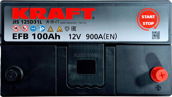 Изображение товара Автомобильный аккумулятор KrafT EFB Asia 100 JR 900A с бортом / EFB-D31 (100 А/ч)