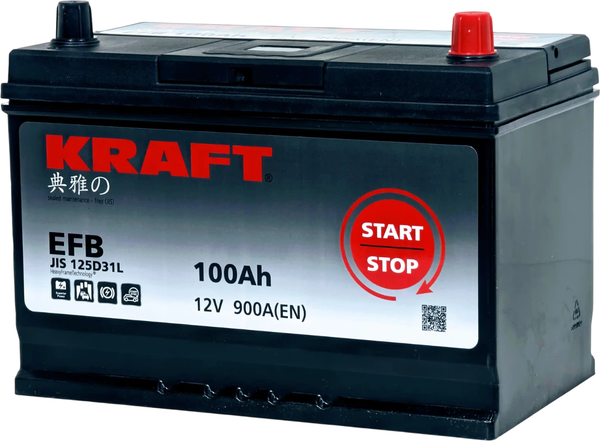 Изображение товара Автомобильный аккумулятор KrafT EFB Asia 100 JR 900A с бортом / EFB-D31 (100 А/ч)