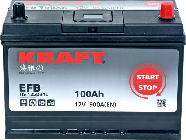 Изображение товара Автомобильный аккумулятор KrafT EFB Asia 100 JR 900A с бортом / EFB-D31 (100 А/ч)