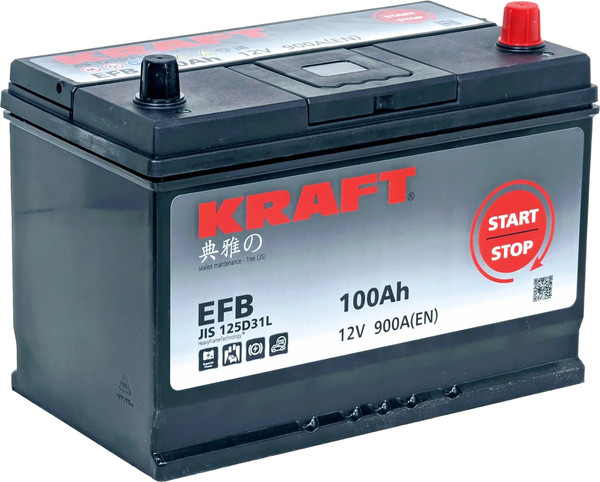 Изображение товара Автомобильный аккумулятор KrafT EFB Asia 100 JR 900A с бортом / EFB-D31 (100 А/ч)