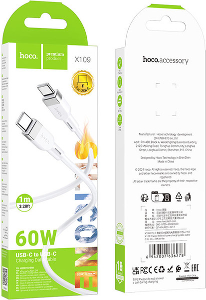 Изображение товара Кабель Hoco X109 Type-C-Type-C (1м, белый)