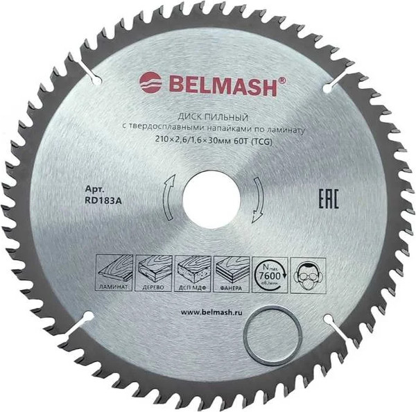 Изображение товара Пильный диск БЕЛМАШ 210x2.6/1.6x30 60T / RD183A