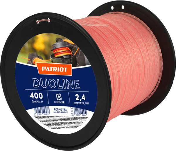Изображение товара Леска для триммера PATRIOT Duoline D2.4мм L 400м / 805401181 (скрученный квадрат, двухцветная, красная жила)