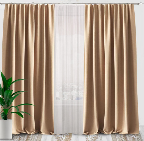 Изображение товара Комплект штор AMI Бархат 150x270 + Гардина Вуаль 300х270 (бежевый, кремовый)
